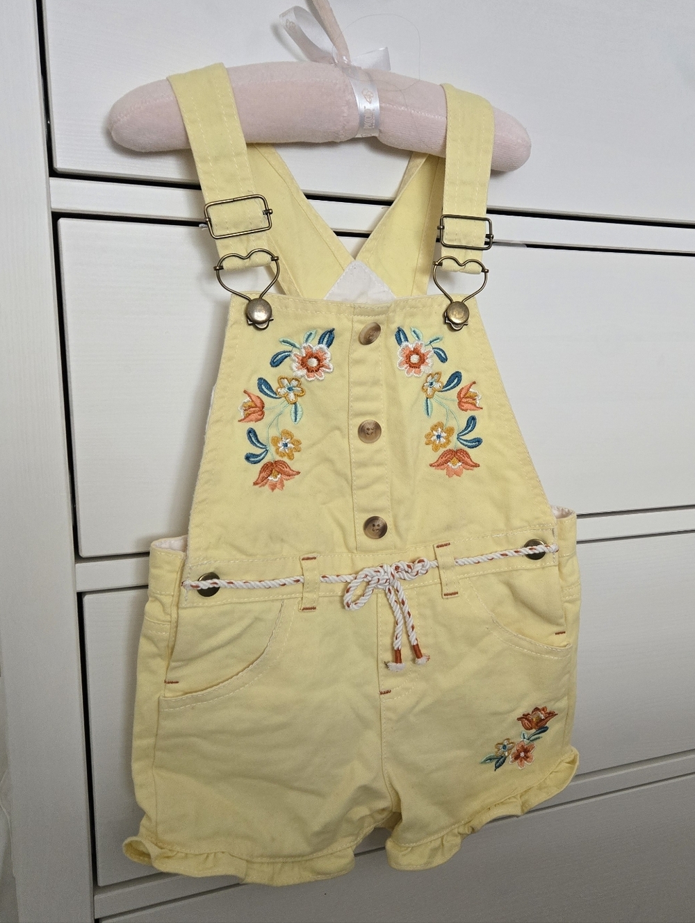 Children's Yellow Embroidered Short Overalls with Braided Tie